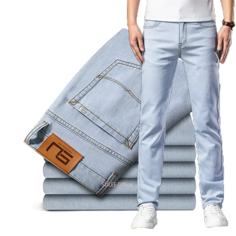 

2023 Light Blue Jeans Youthful Vitality Cloth Cotton Stretch Men Regular fit Straight Trousers Midweight Casual Pants
