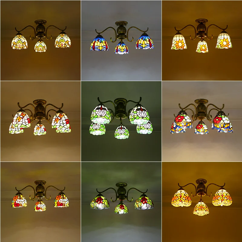 

3-5 Colored Glass Tiffany Ceiling Lamp European Style Retro Creative Multi Headed Dragonfly Flower Shaped LED Lamp