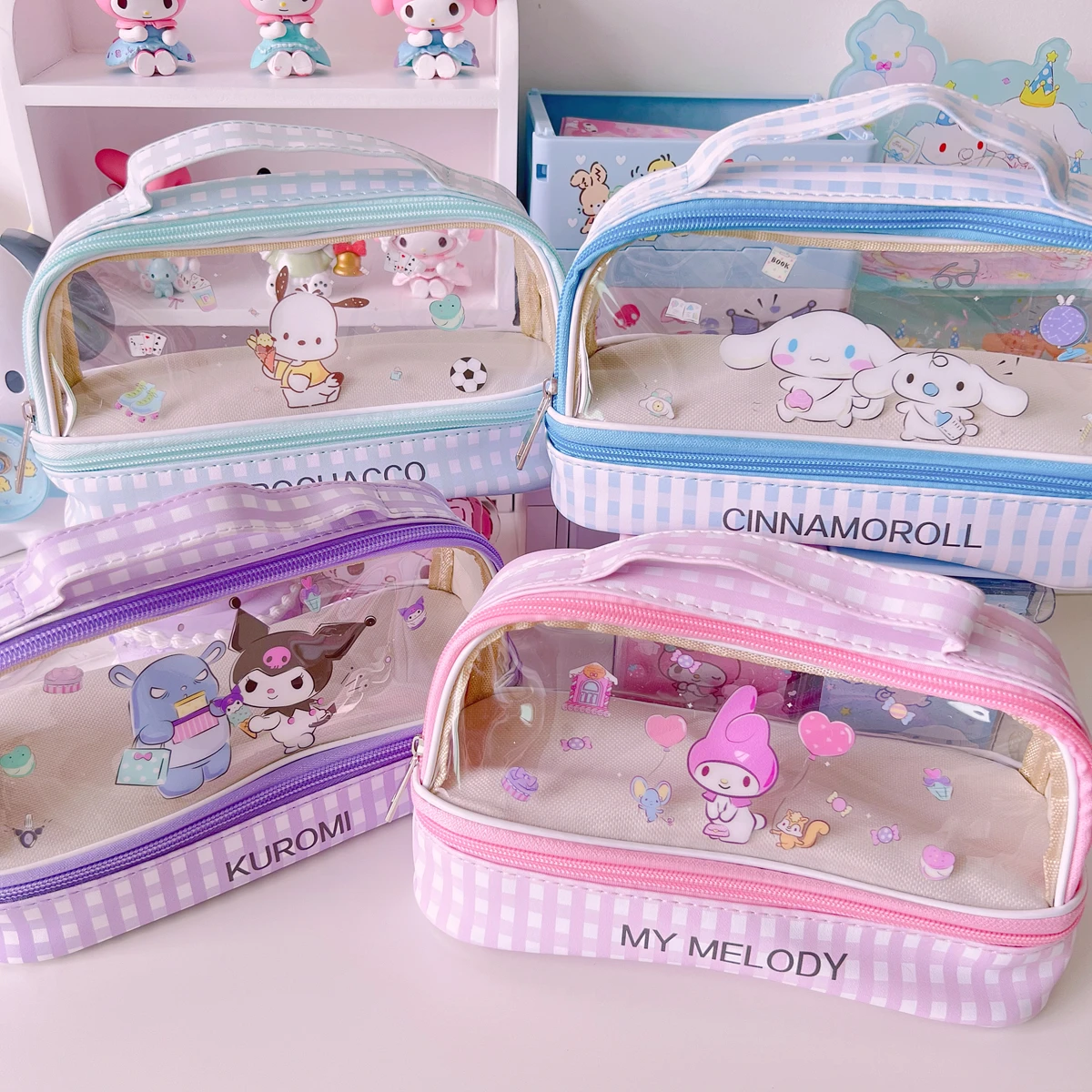 

Sanrio Hello Kitty Cinnamoroll Kuromi Portable Stationery Box Pencil Case Storage Bag Double Layer Large Capacity Anime Kawaii