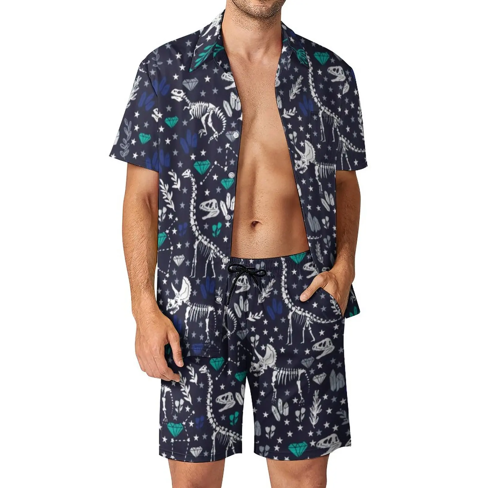 

Cute Dinosaurs Men Sets Blue Dinosaur Skeletons Lover Casual Shirt Set Hawaii Vacation Shorts Design Suit Two-piece Clothing