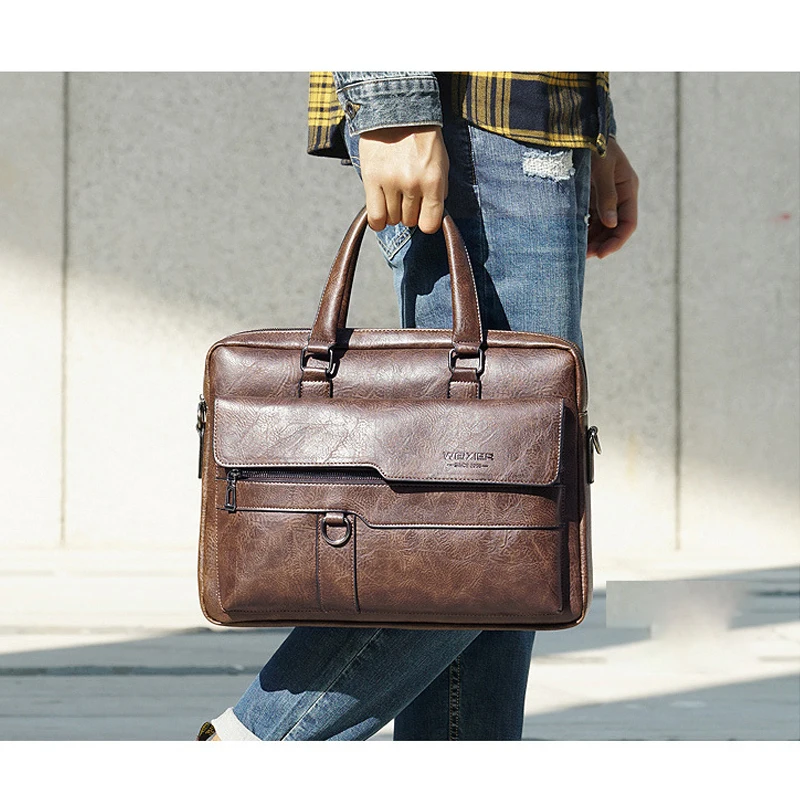 Men'S Briefcase Laptop Bag PU Leather Vintage Handbags Shoulder Business Tote Messenger Breifcases Wallets Crossbody Bag Male
