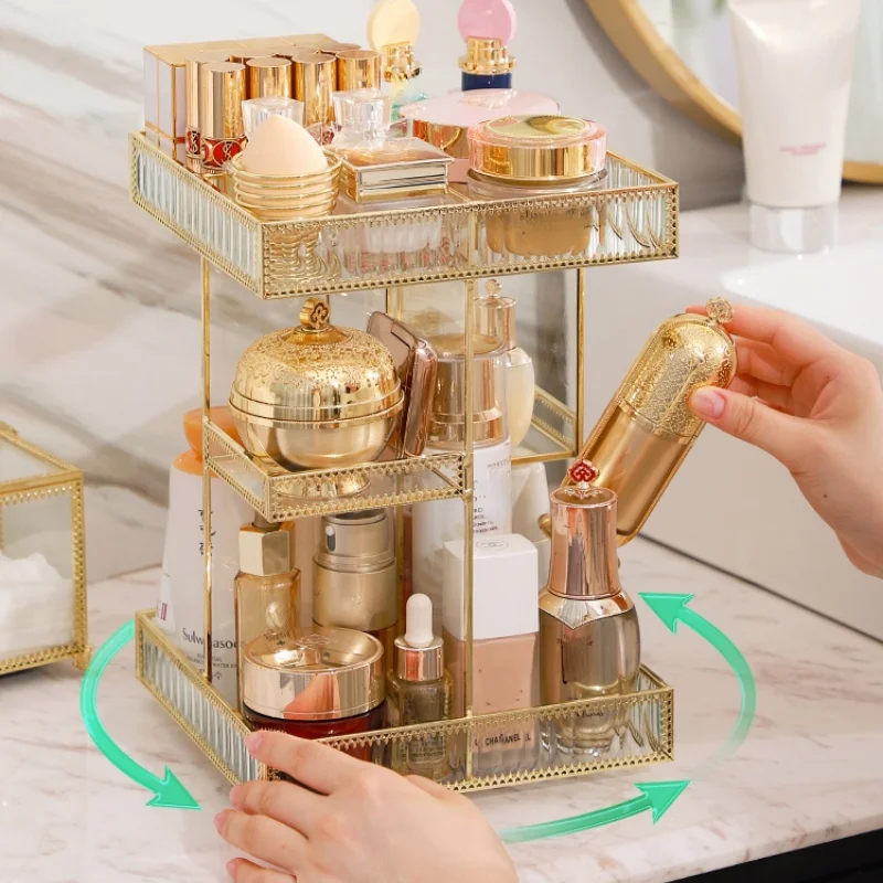 

Rotating Cosmetic Storage Box Glass Shelf Desktop Storage Rack Dressing Table Perfume Skin Care Products Metal Storage Turntable