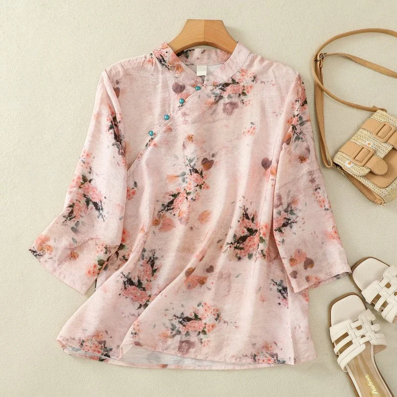 Женские хлопковые блузки в китайском стиле из конопли летние женские рубашки