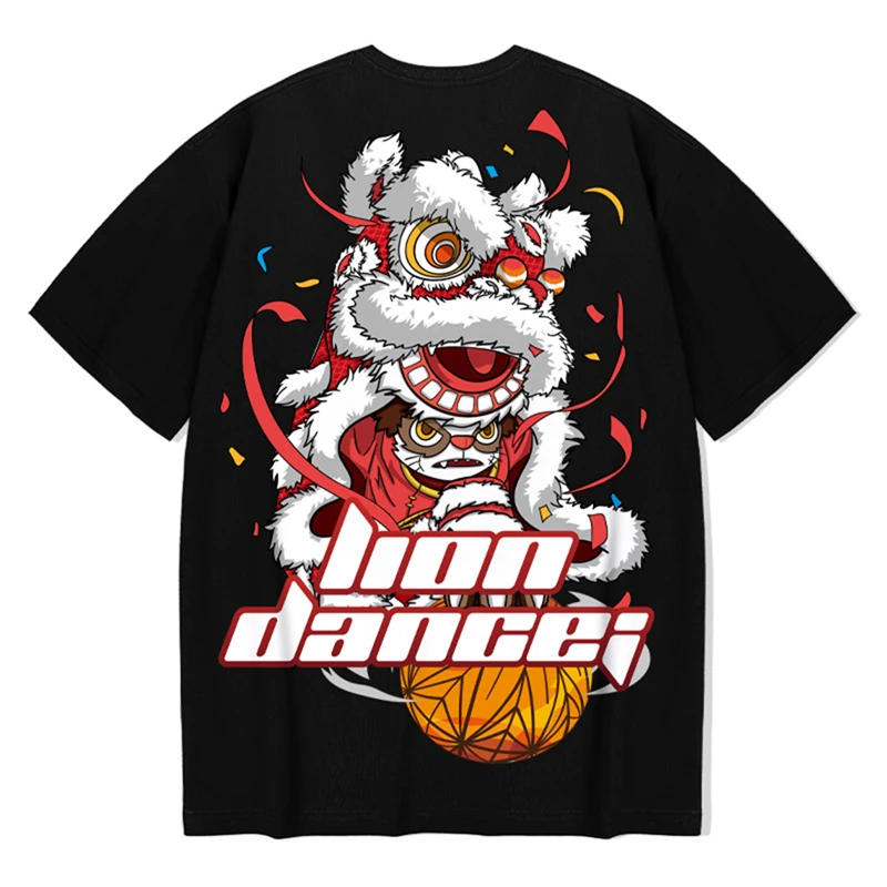 New Chinese Style Lion Dance Printing Tshirt Summer Hip Hop Oversize Tees Cotton Half Sleeve Casual Men T-shirt