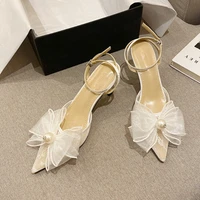 fashion women sandals pointed toe mesh bow summer pumps for womans party shoes 7 5cm thin heel female career high heels ol shoes