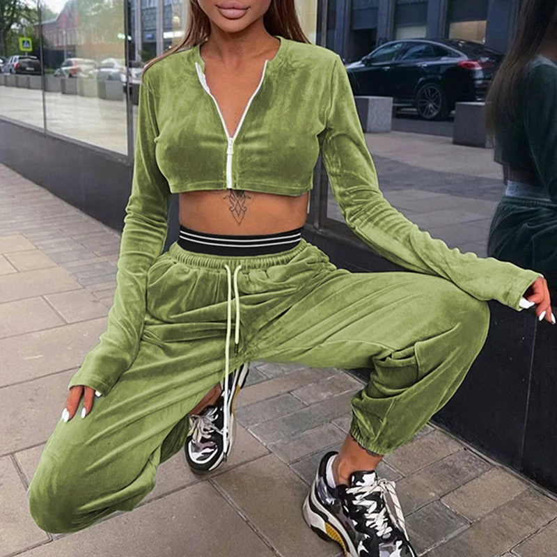 

Женский Бархатный спортивный костюм из двух предметов, укороченный топ на молнии с капюшоном и длинным рукавом, свободные эластичные штаны ...