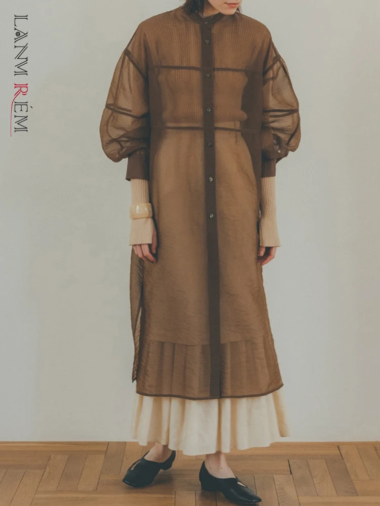 

LANMREM полупрозрачное женское платье с круглым вырезом и длинными рукавами, однобортное однотонное тонкое Сетчатое платье, повседневная одежда, новинка 2023, 2YA3887