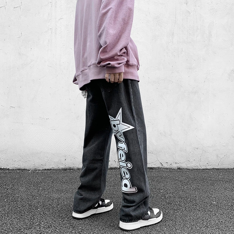 2022New Style Letter Printed Denim Pants 2022 New Streetwear Washed Jean Pants Men Loose Hip Hop Jeans White/Blue/Smoke gray
