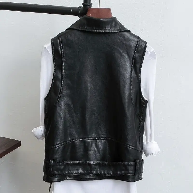 New Women PU Leather Sleeveless Jacket Vest Motorcycle Genuine Sheep Leather Waistcoat Slim Lapel Lambskin Short Coat Streetwear