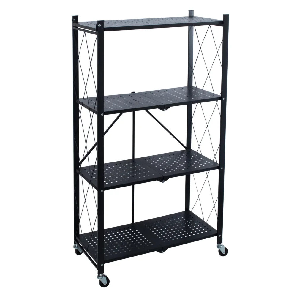 

4 Tier Foldable Metal Storage Shelf Rack w Wheels in Black for Kitchen/Laundry Room