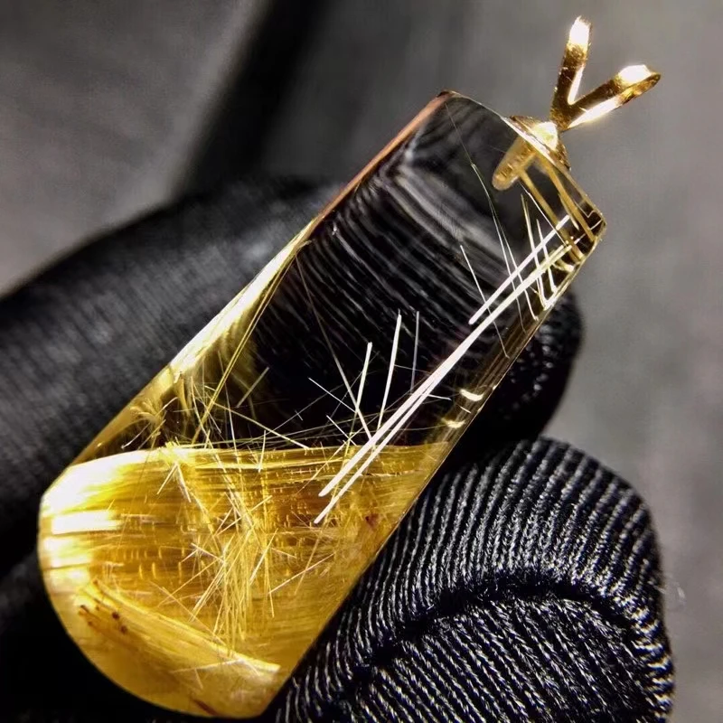 

Natural Gold Rutilated Quartz Rectangle Pendant Necklace 31.8*15*10mm Gold Rutilted Brazil 18K Gold Women Men Jewelry AAAAAAA