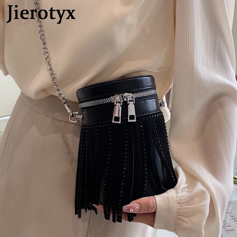 

JIEROTYX Vintage Tassel Crossbody Bucket Bags for Women Brand Rhinestone Crossbody Purses and Handbags Gothic Punk Style Mini