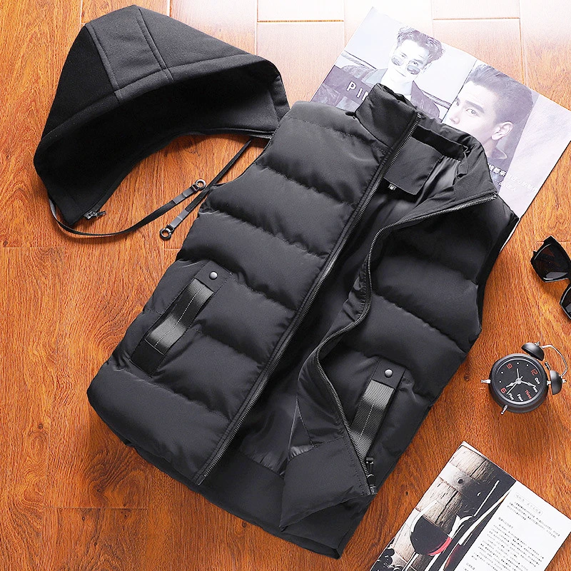 

2022 New Fashion Thicken Sleeveless Hooded Vests Men Spring Soft Shell Casual Cotton Coats Male Solid Color High Quality Clothes
