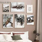 Постер Зимний лес, снег, деревянный дом, живопись, лиса, лошадь, принты, поезд, настенные картины, искусство, украшение гостиной