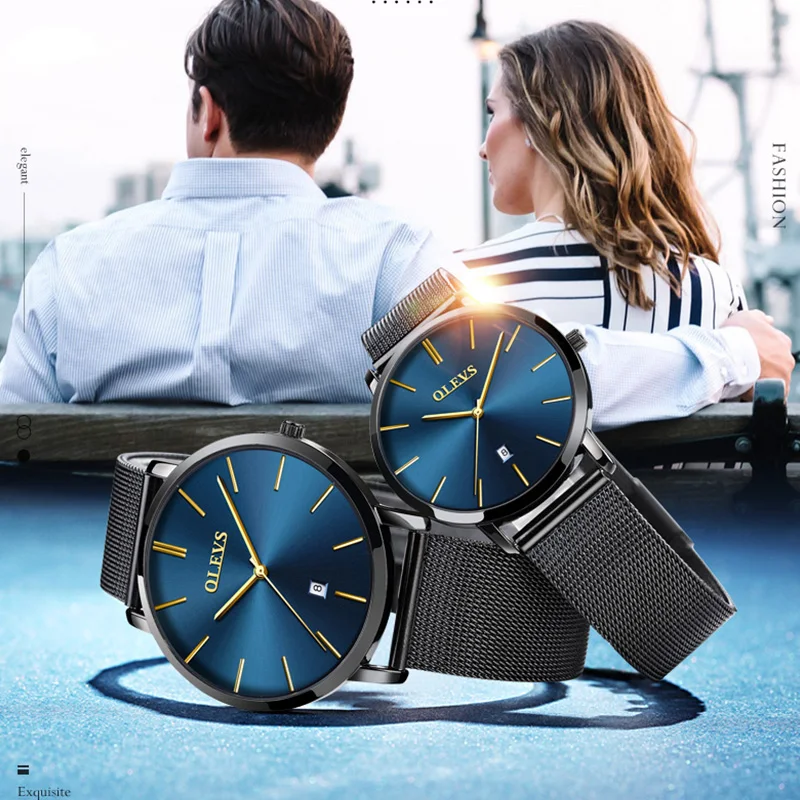 OLEVS New Men's And Women Couple Casual Waterproof Breathable Leather Quartz Watches Alloy Case Stainless Steel Strap Watch 5869