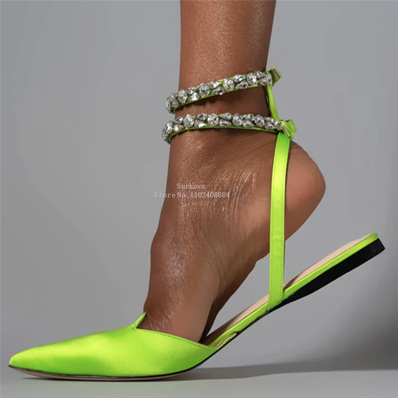 Luxury Pointed Toe Diamond Ankle Straps Women Shoes 2023 New Designer Fluorescent Color Sandals Flat Summer Bling Crystal Pumps