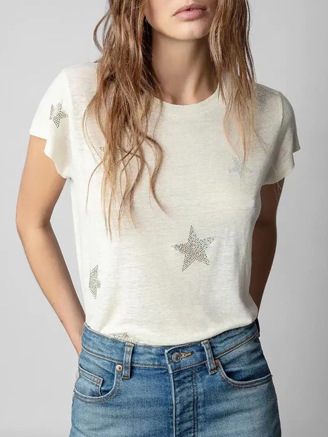 

Женская льняная футболка со стразами и круглым вырезом, с коротким рукавом