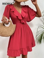 bkmgc women dresses summer 2022 red dress casual v neck ruffle slim fitting dress bat sleeve short sleeve sweet skirt 2853