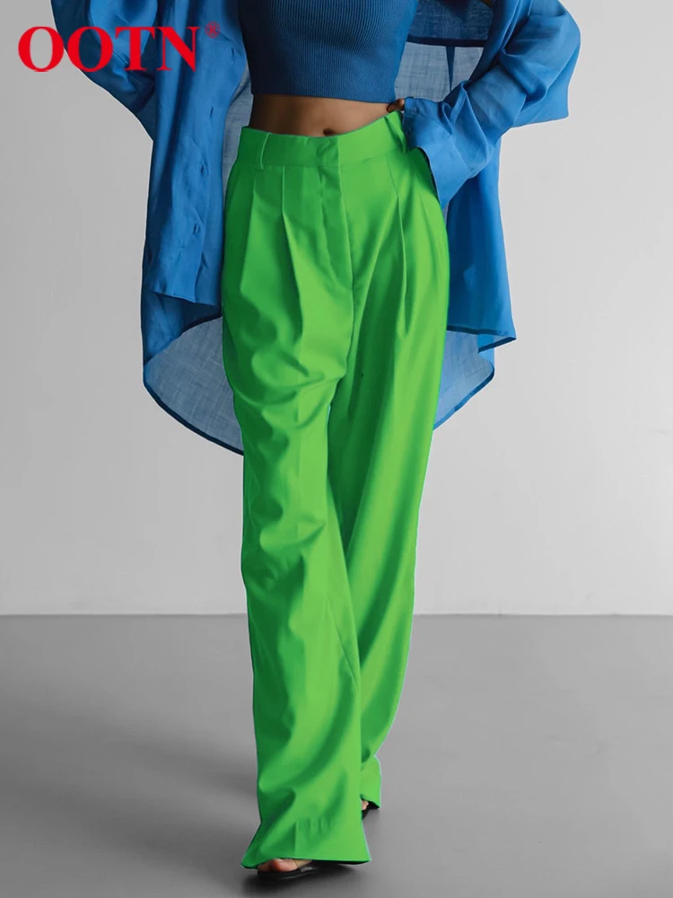 

OOTN Streetwear Green Trousers High Waist Pleated Loose Baggy Women Pants Floor-Length Summer Fashion Bright Thin Wide Leg Pants