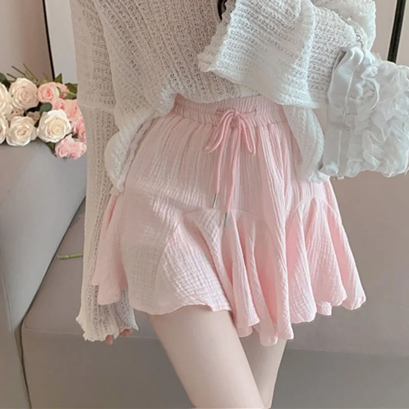 

Women Korean High Waist Sexy Solid Pleated Skirts Pink Ball Gown Summer Loose A-Line Sweet Lace Up Streetwear Kawaii Mini Skirts