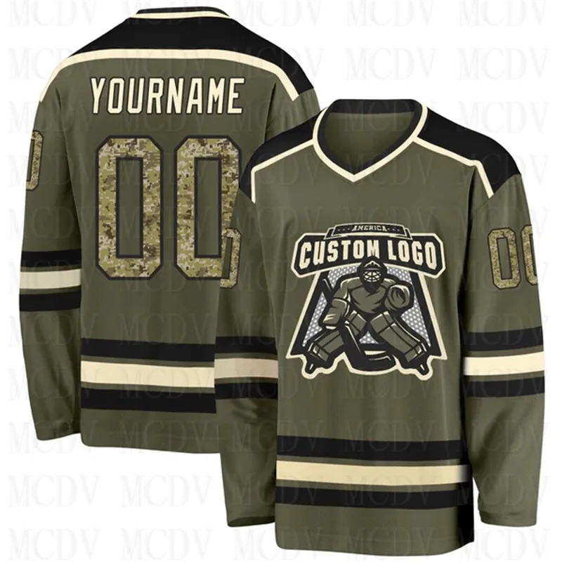 

Custom Olive Camo Black-Cream Salute 3D Print You Name Number Youth Mens Women Ice Hockey Jersey Competition Training Jerseys