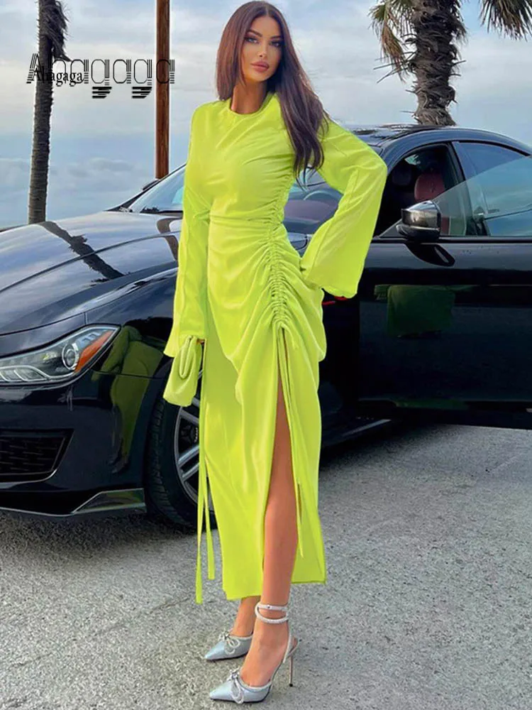 

Casual Fashion Neon Green Dresses For Women Fall Drawstring Ruched Side Split Satin Dress Sexy Slim Elegant Dress Vestidos Robes