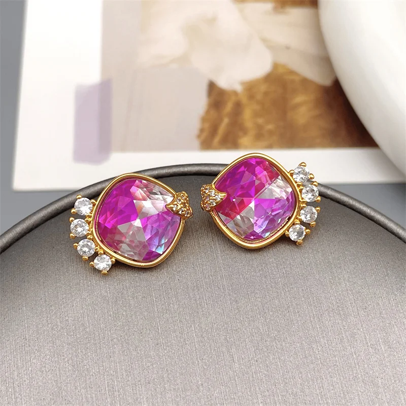 

European And American Retro Inlaid Colorful Glass Asymmetrical Stud Earrings For Women Personality Exquisite Earrings Jewelry