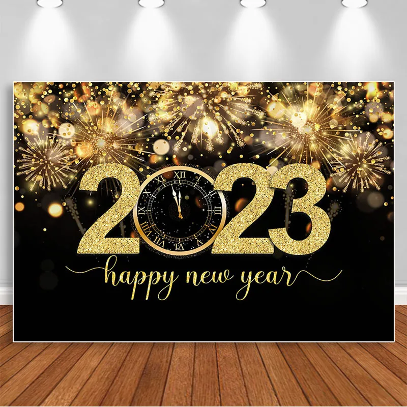 

2023 New Year Photography Backdrop Golden Clock Bokeh Fireworks Photocall Background Props Family Party Photo Props Studio Booth