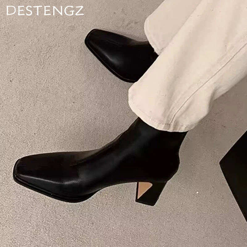 Женские ботильоны с квадратным носком массивная кожаная обувь туфли-лодочки