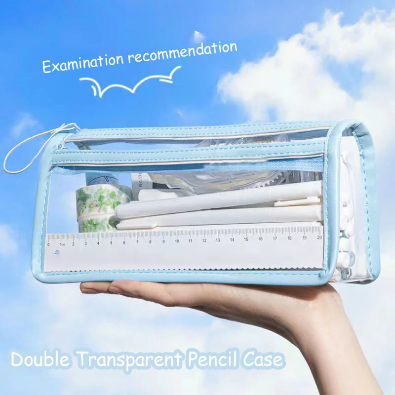 

Large Capacity PVC Storage Bag Creative Stationery Bag Double Transparent Pencil Case Portable Simple Fashion School Supplies