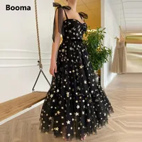 Booma Black Glittery Stars Tulle Prom Dresses Sweetheart Tied Bow Straps Evening Dresses Belt Ankle-Length A-Line Prom Gowns