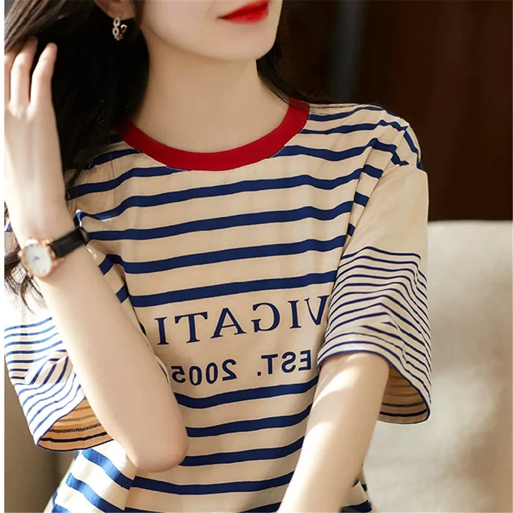 

Blue And White Striped Navy T-Shirt Short Sleeve T-shirt Pullover Elegant Chic Leisure Ladies Tops Summer 2022 New Korea Japan