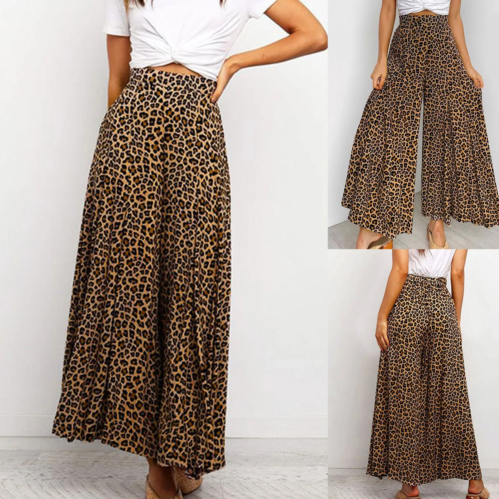 

Брюки женские с завышенной талией и леопардовым принтом, драпированные широкие повседневные свободные штаны, уличная одежда с эластичным поясом