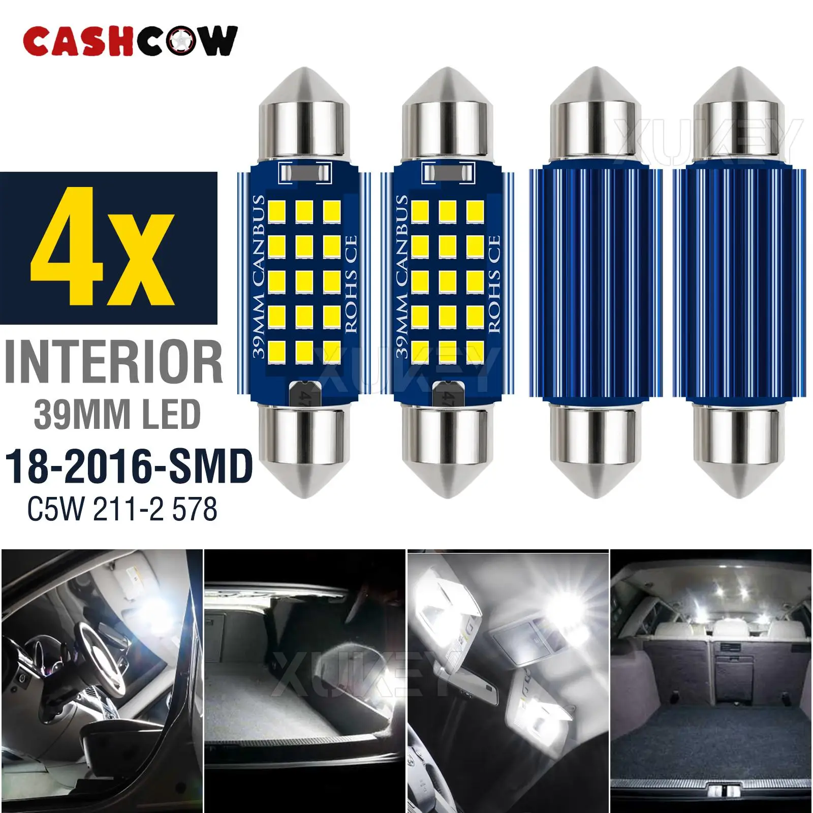 Лампы-гирлянды CASHCOW 4X 39 мм 38 лампы C5W CANBUS 2016-15-SMD 12 В для замены салона автомобиля