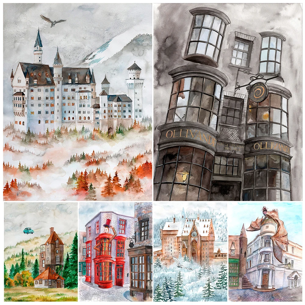 Волшебные магазины и карликовый банк эльфия в диагональной аллее акварельный плакат печать волшебников и ведьмастера мира настенная живопись