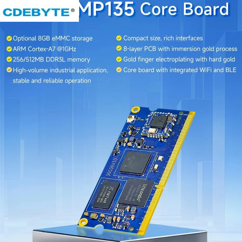 Фото Плата STM32MP135 на базе ARM Cortex-A7, 256 МБ/512 МБ, 1 ГГц, CDEBYTE ECK10-135, DDR3L, Linux, два порта Gigabit Ethernet, SODIMM, Wi-Fi, BLE №1