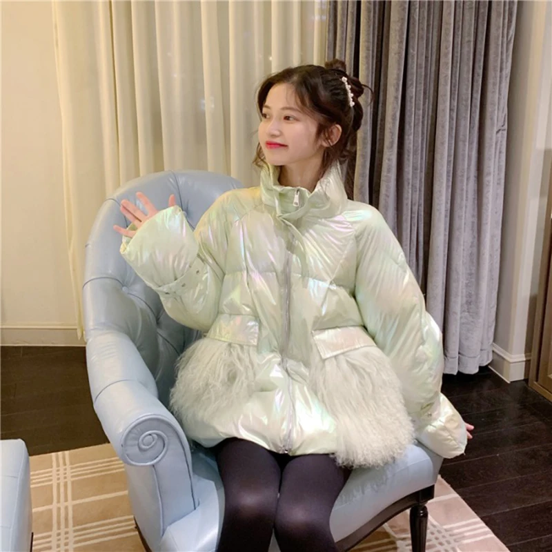 Women's Winter Down Cotton Jacket Glossy 2023 Golden Big Fur Collar Thick Shiny Parka Long Pink Blue Warm Oversize fur Parkas