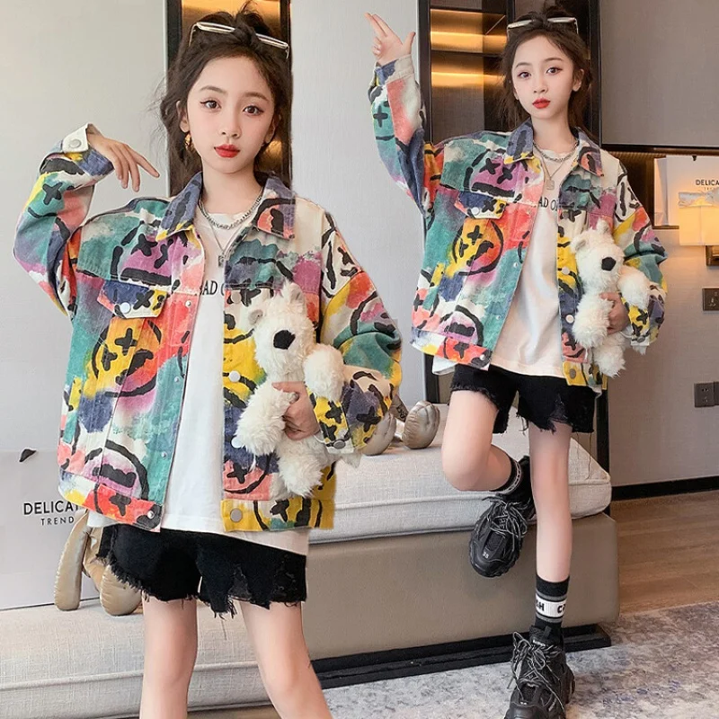 

Демисезонное пальто для девочек, детская куртка, пальто для малышей, детская одежда, Подростковая джинсовая куртка в Корейском стиле со смайликом, 12, 13, 14 лет