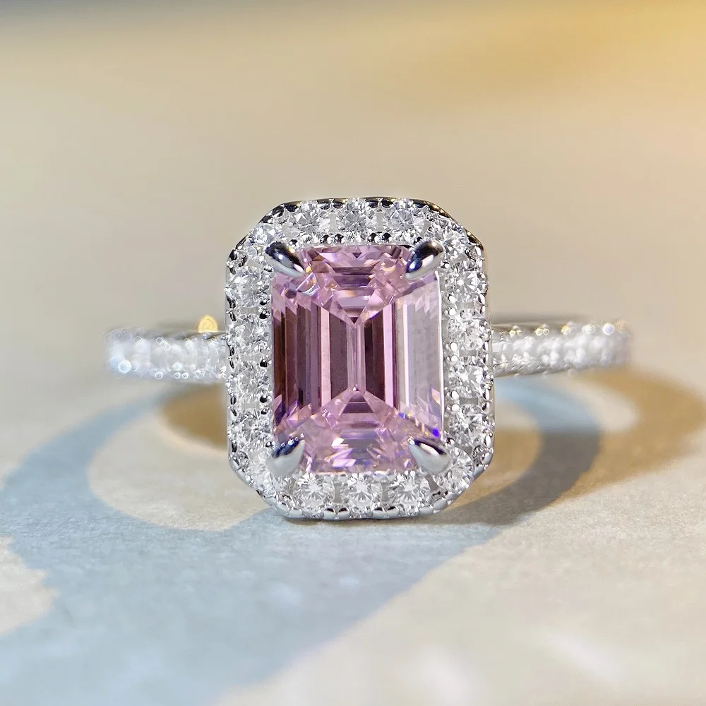 

Fashion Pink Colored Zircon Emerald Cut Promise Cluster Halo Ring Women's Silver 925 Rings Zircon Rings For Women Free Shipping