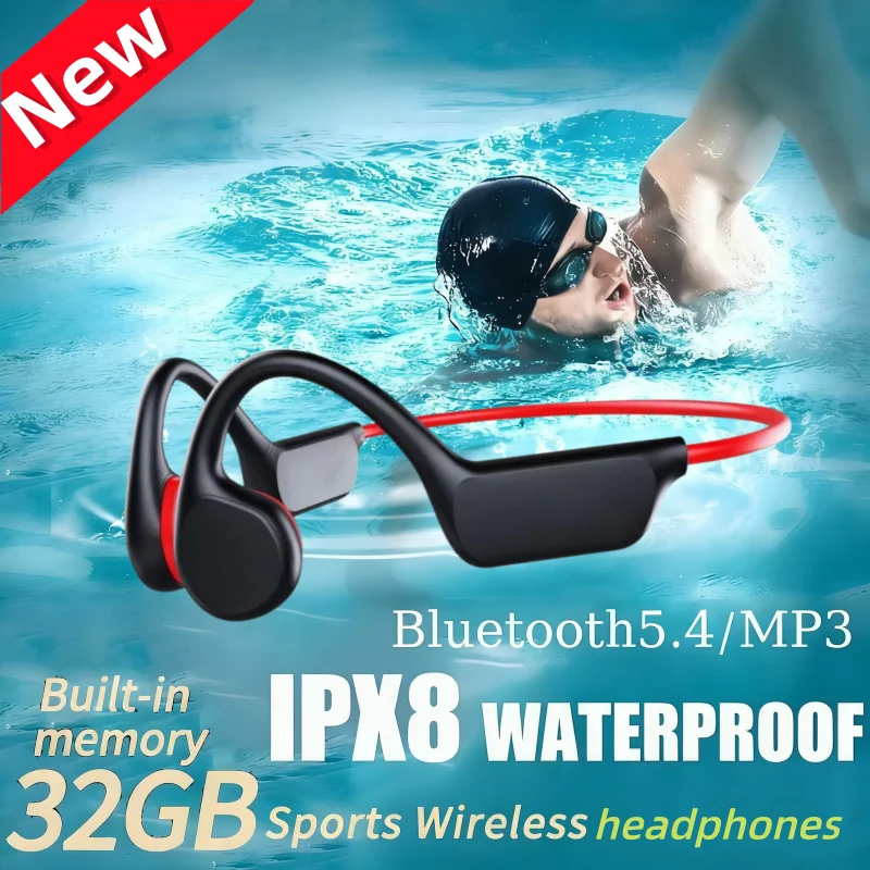 Фото Наушники с костной проводимостью IPX8 водонепроницаемые, MP3 32 ГБ, Bluetooth 5.4, беспроводные наушники с микрофоном для плавания, спорта, фитнеса, новинка 2026 года №1