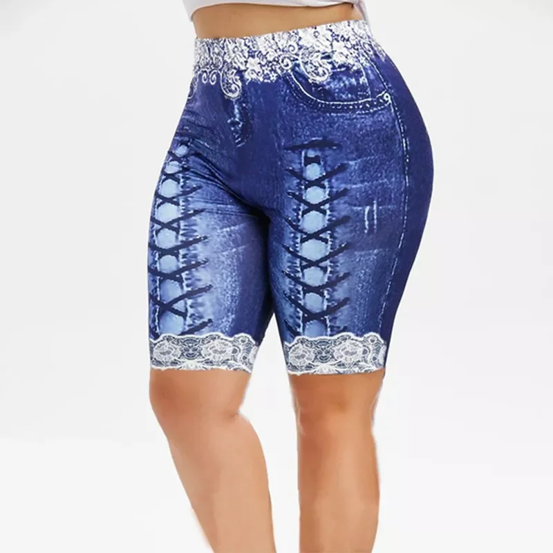 

2022New Size thin 3D Lace Patchwork Bandage Print Bermuda shorts for Women Bodycon Shorts Elastic Skinny Imitation Denim Femin