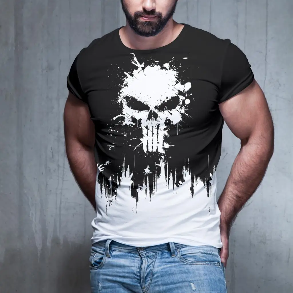 

2022 New Summer Men's Fashion Abstract 3D Printed Skull Painting T Shirt Colorblock Print Crew Neck Basement Oversized Shirt