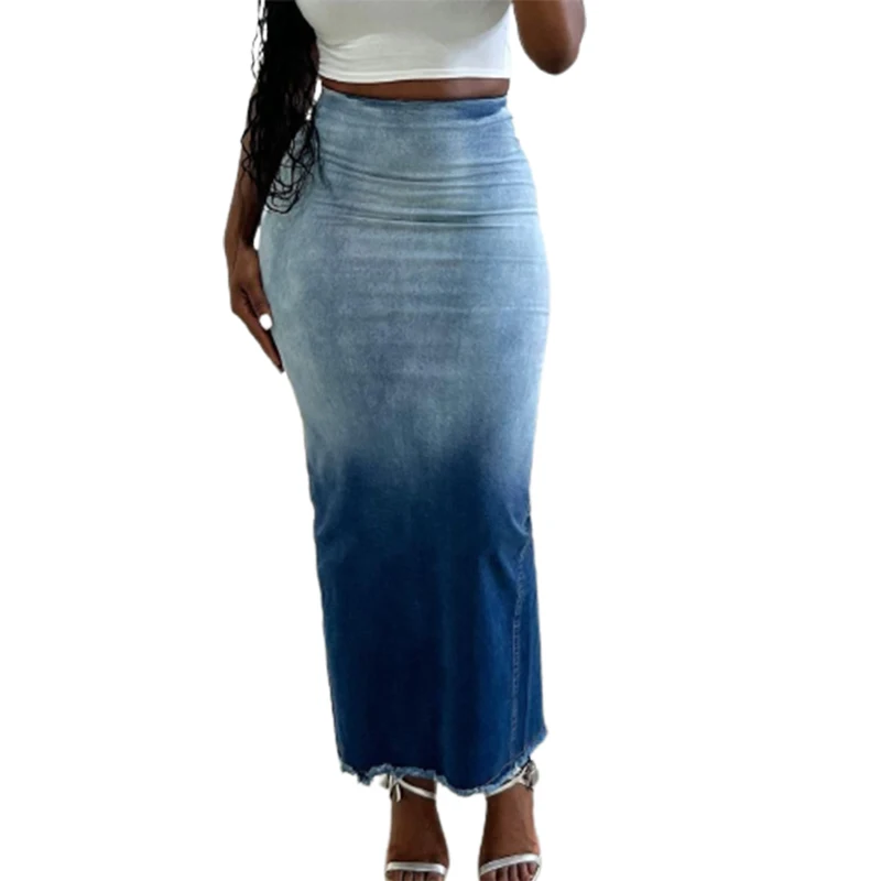 

Women Split Back Slim Fit Wrap Hip Skirt Fashion Gradient Colour Commuter Denim Half-body Dresses Female Casual Trend Streetwear