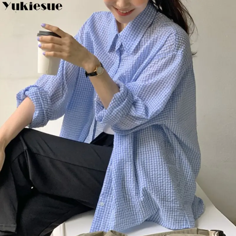 

Мягкая Корейская весенне-летняя модная одежда для отдыха в стиле Харадзюку из пенопласта и хлопка, текстурированная клетчатая одежда средней длины для защиты от солнца, эстетика