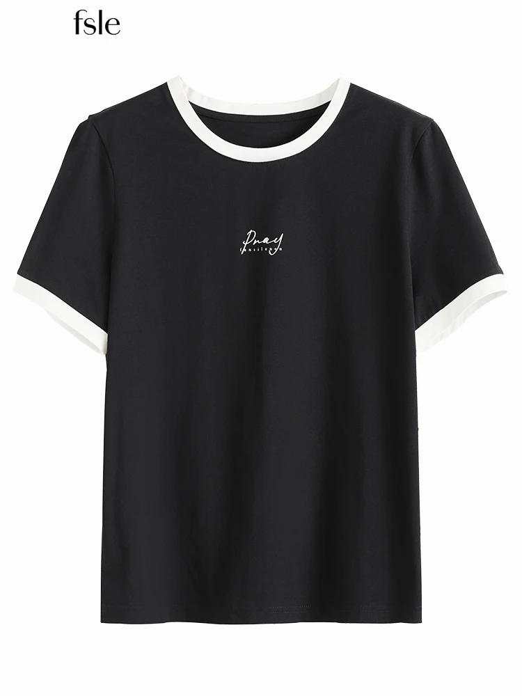 

FSLE O Neck Letter Print T-shirt Contrasting Color Trim Design Simple Commuter Short-sleeved Top Summer Casual T-shirt Футболка