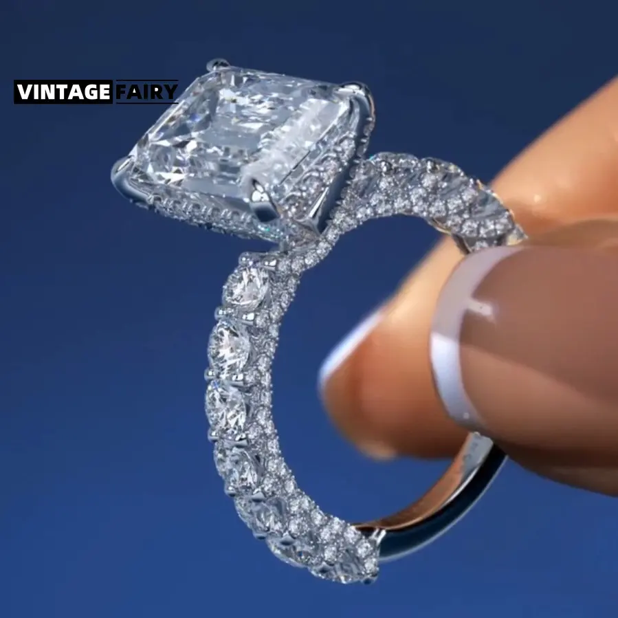 18K White Gold Color New Inlaid Rectangular Wedding Diamond Zircon Ring for Women with A Sense of Advanced Design