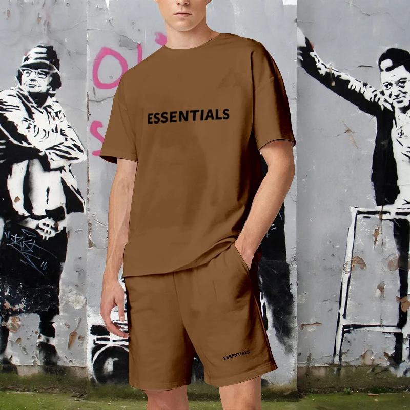 Summer Men 2 Pieces Set ESSENTIALS Tracksuit T Shirt and Shorts Sets Cotton T-Shirts Oversized Brand Print Women Free Shipping