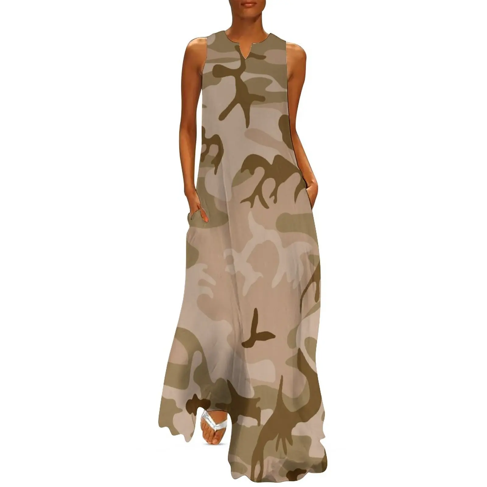 

Brown Green Camouflage Dress Desert Beige Camo Aesthetic Casual Long Dresses Woman Print Night Club Maxi Dress Big Size 4XL 5XL