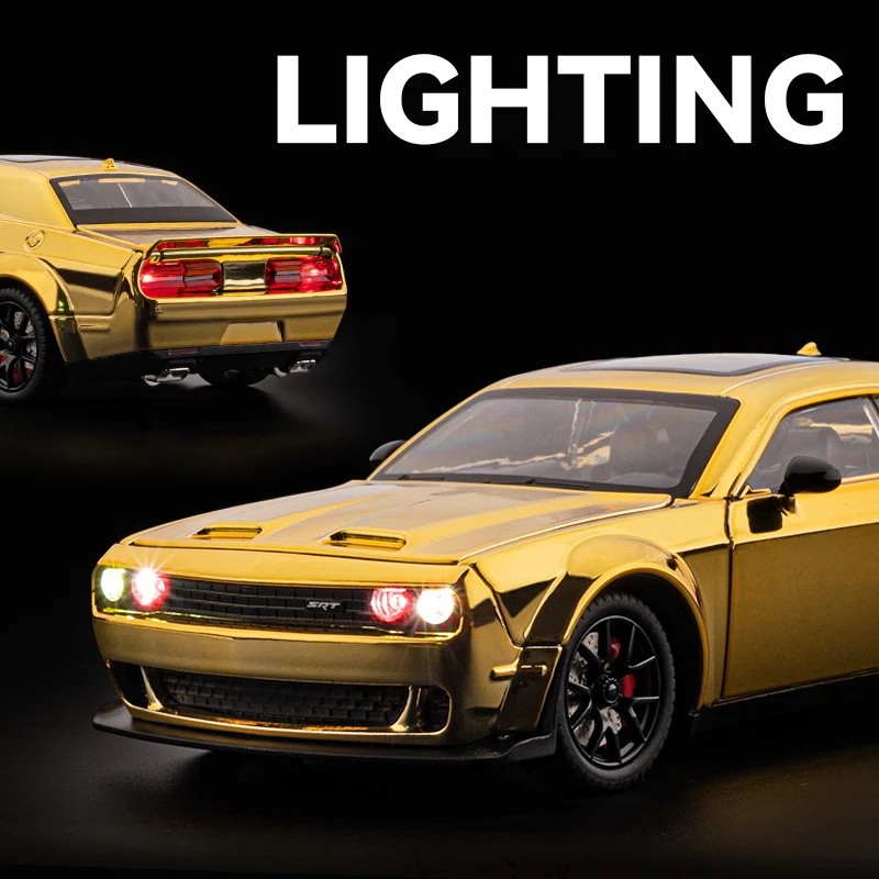 Фото 1:24 Dodge Challenger SRT Hellcat, гальваническая модель спортивного автомобиля из сплава, металлическая гоночная машина, модель автомобиля, звуковой свет, детская игрушка в подарок №3