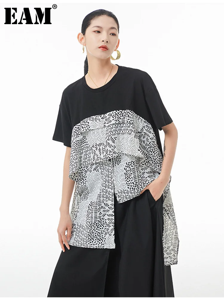 

[EAM] Women Irregular Trible Layers Printing Big Size T-shirt New Round Neck Short Sleeve Fashion Spring Summer 2022 1DE7720